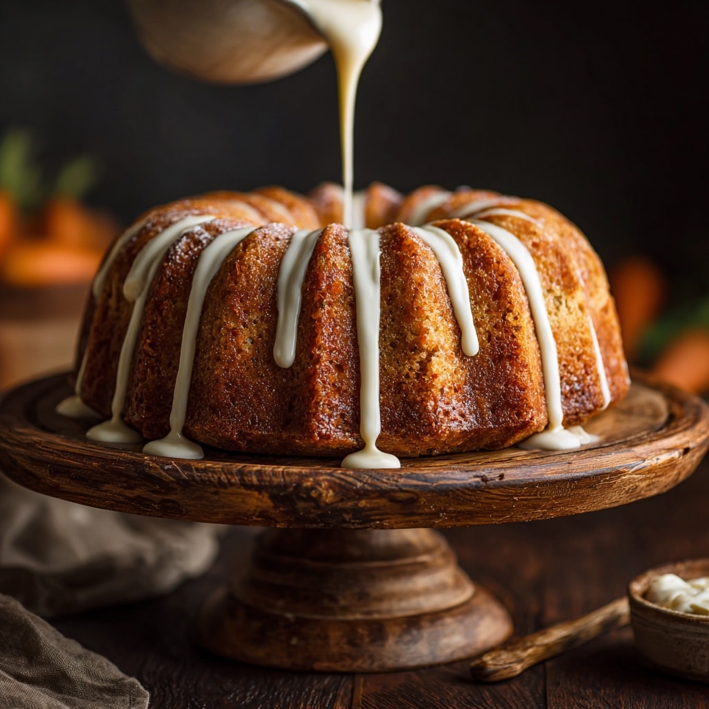Moist Carrot Bundt Cake Recipe: Simple Steps Inside 12 Cream cheese frosting being drizzled on a carrot bundt cake