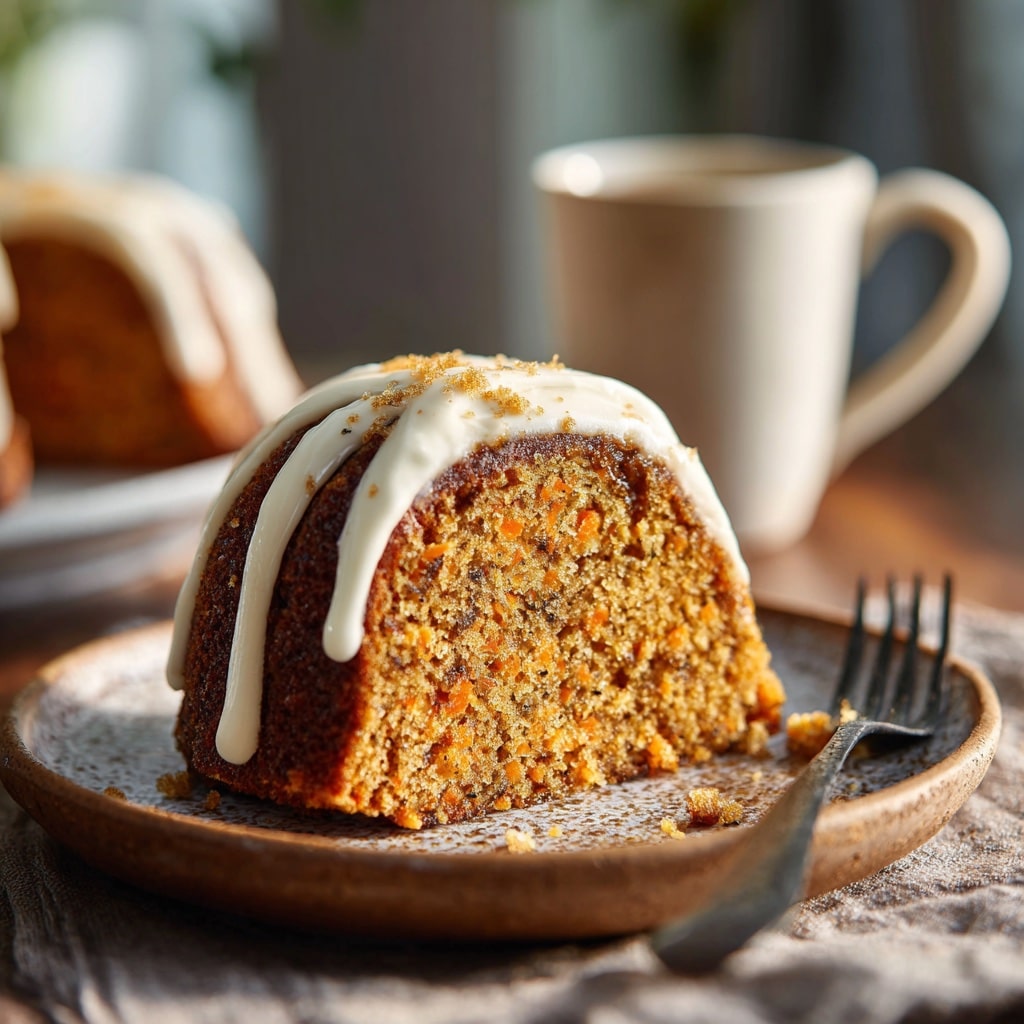 Moist Carrot Bundt Cake Recipe: Simple Steps Inside 13 Moist slice of carrot bundt cake on ceramic plate with frosting swirl