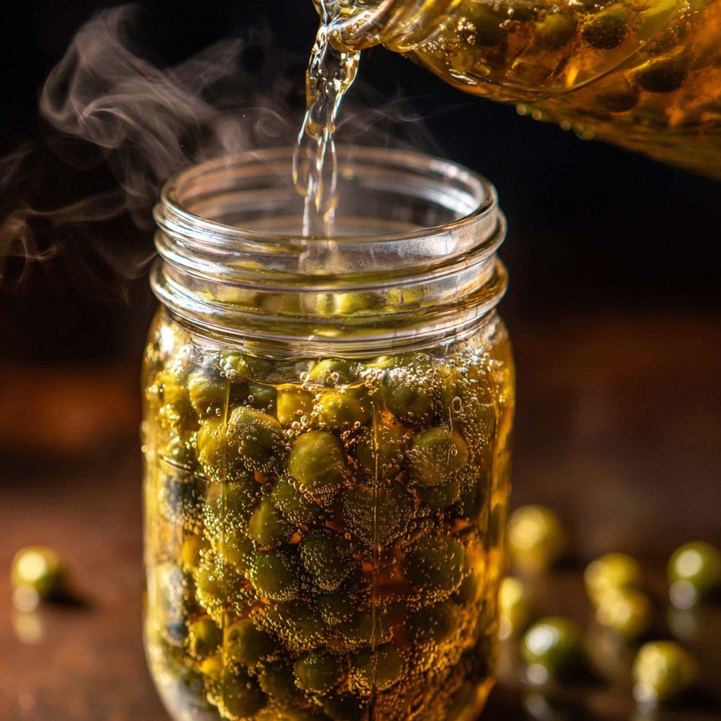 Easy Homemade Caperberries Recipe in 30 Minutes 12 pouring boiling brine over caperberries in jar